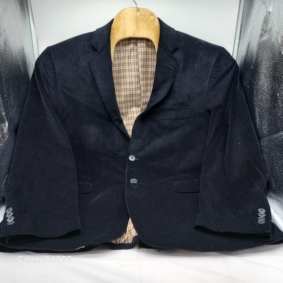 Saddlebred Other - Saddlebred Mens Navy Blue Corduroy Blazer Sport Coat 44S Plaid Lining 2-Button